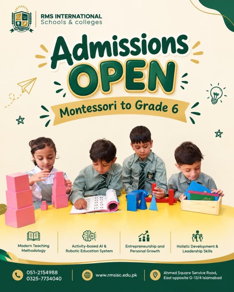 Official RMS International flyer: Admissions Open, Montessori to Grade 6, with the school's four pillars and phone numbers.