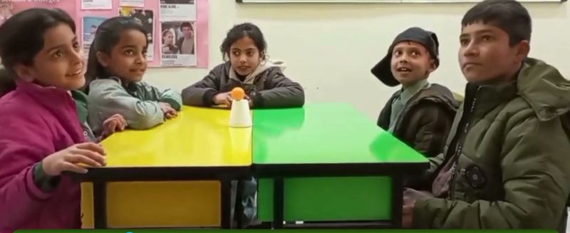 Pupils in winter jackets at yellow and green tables during a prepositions lesson with a cup and ball.
