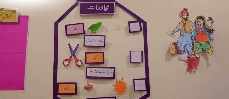 A classroom display of Urdu idioms with cut-out pictures of scissors, a parrot and the sun.