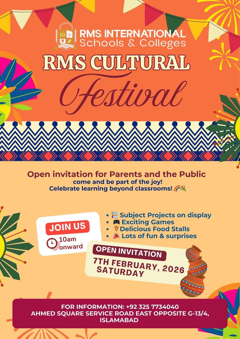 RMS Cultural Festival invitation: open to parents and the public on Saturday 7 February 2026 from 10am, with subject projects, games and food stalls.