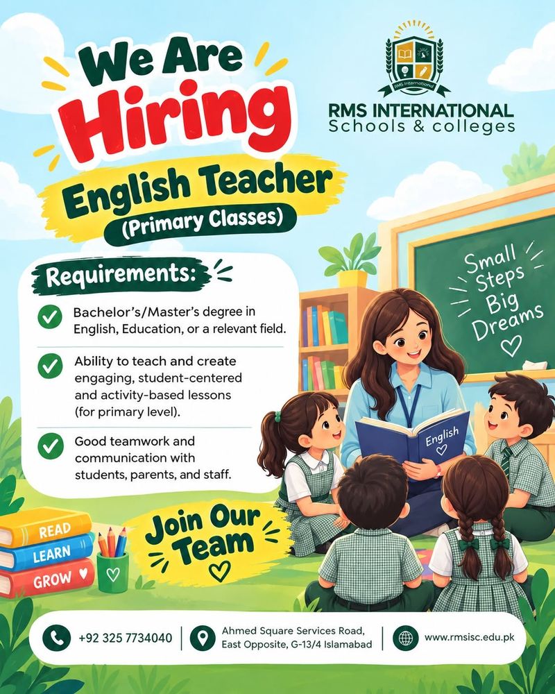 RMS International hiring poster: We are hiring an English Teacher for Primary classes, with the requirements and how to apply.