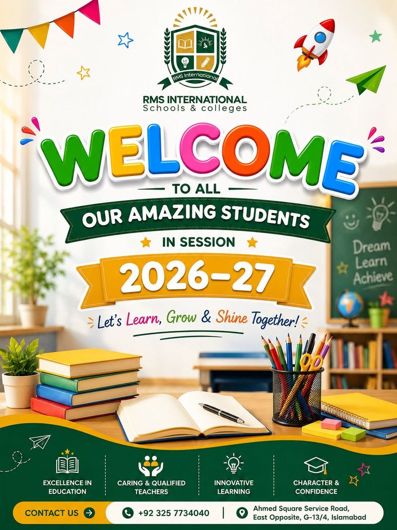 RMS International graphic: Welcome to all our amazing students in session 2026-27, with the school's values and contact details.